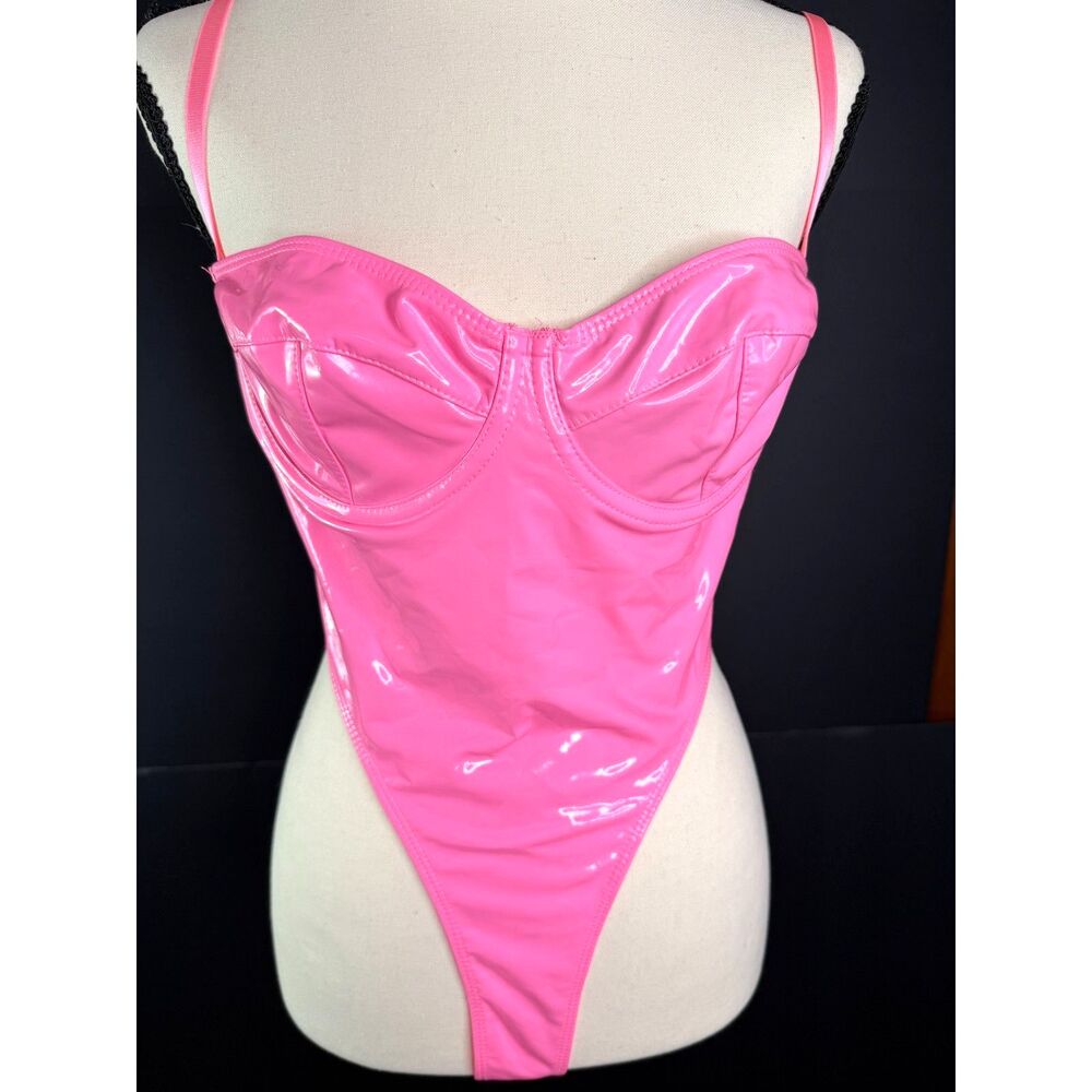 Pink Festival Vinyl Look Corset Bodysuit Underwire Bustier Y2K Rave Clubwear L